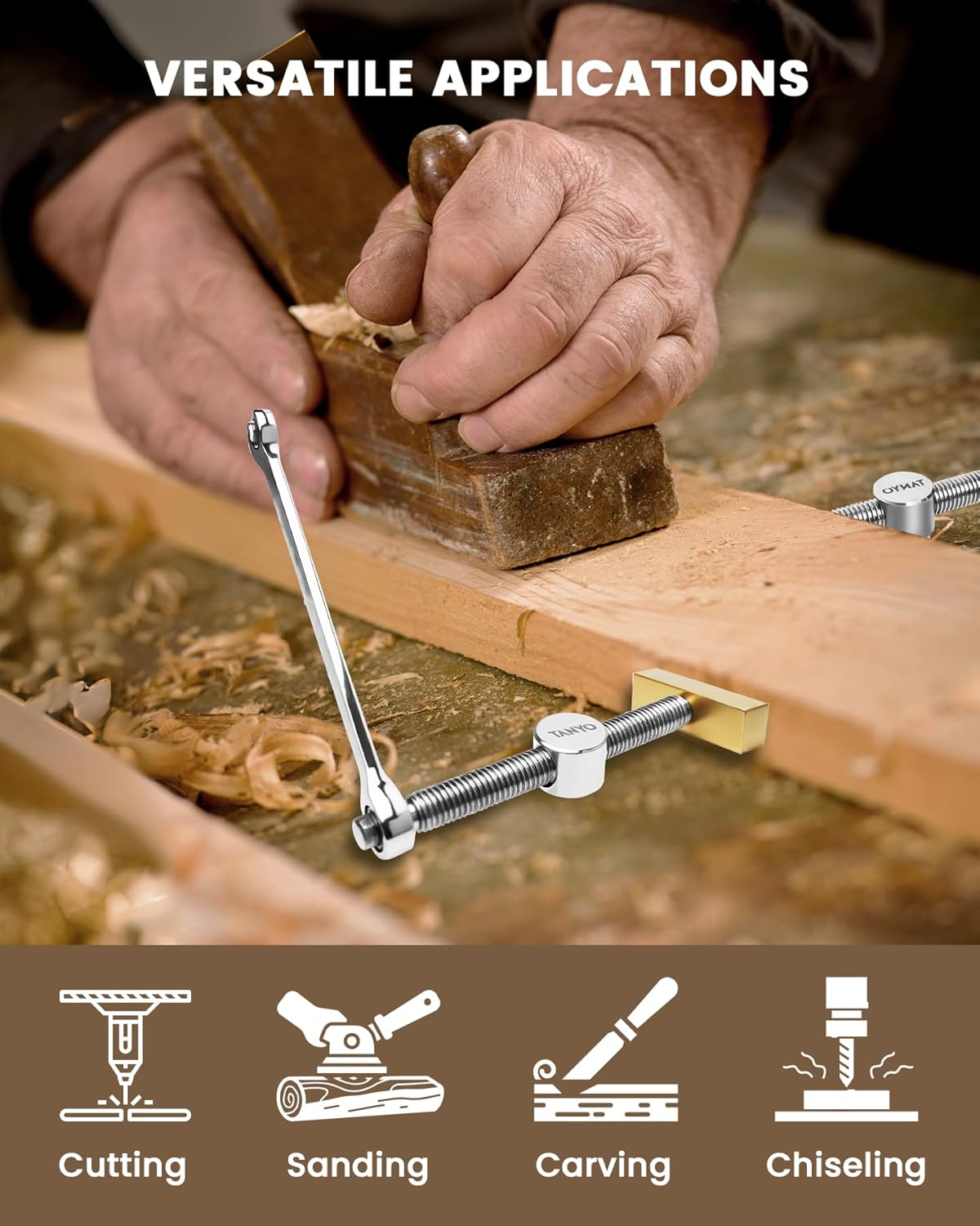 TANYO Bench Dog Clamp, 3/4'' Dog Hole Clamps for Woodworking, 19mm Adjustable Stainless Steel Bench Dogs with 2 Ratchet Wrenches, Table Clamps for Woodworking Tools 2 Pcs