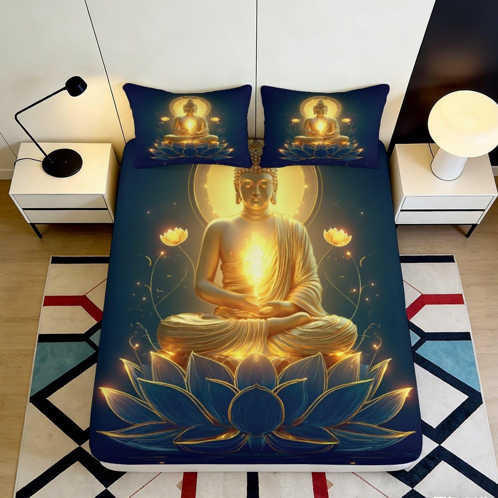 3D Printed Golden Buddha Fitted Sheet Microfiber Lotus Mandala Mattress Cover Non-Slip for Bedroom Dorm Decor 90x200x25cm