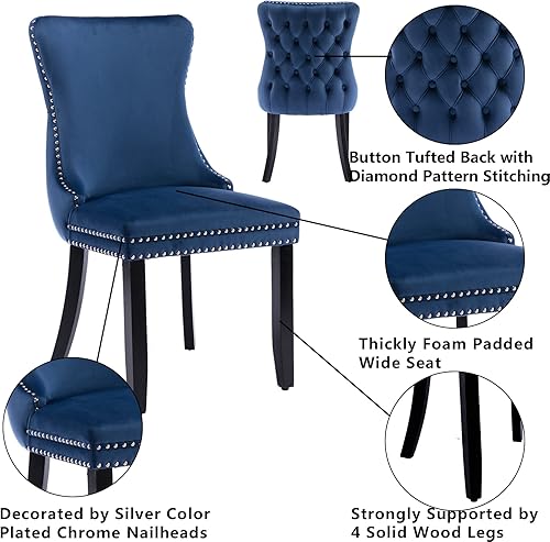 Miniatura 5 de Juego de 4 sillas de comedor tapizadas de terciopelo con respaldo de ala, sillas decorativas azules, 4 sillas de comedor con patas de madera maciza