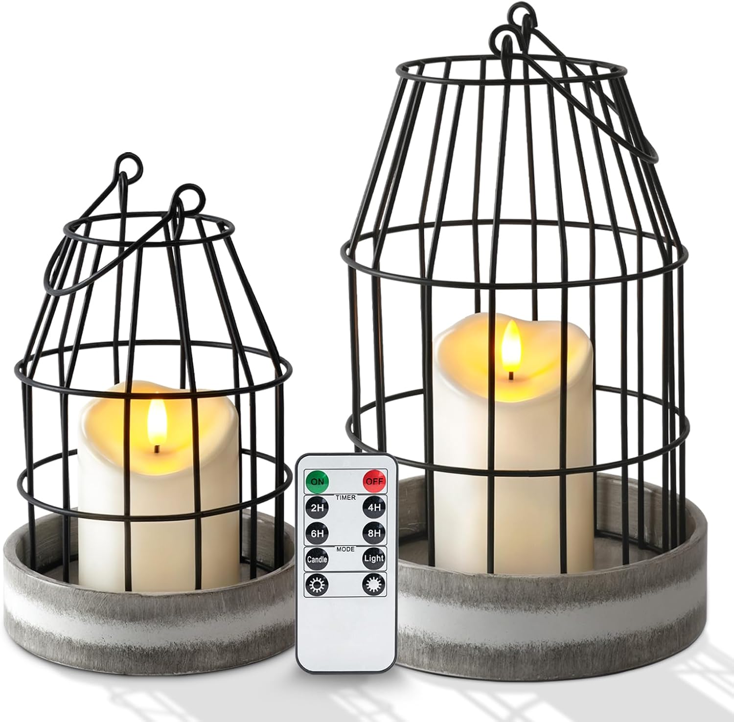 Homemory Rustic Farmhouse Lantern Decor with Flameless Candle & Remote Timer, 2PCS Stylish Metal Candle Holder Home Decorations for Fireplace Mantle Kitchen Dining Table Living Room