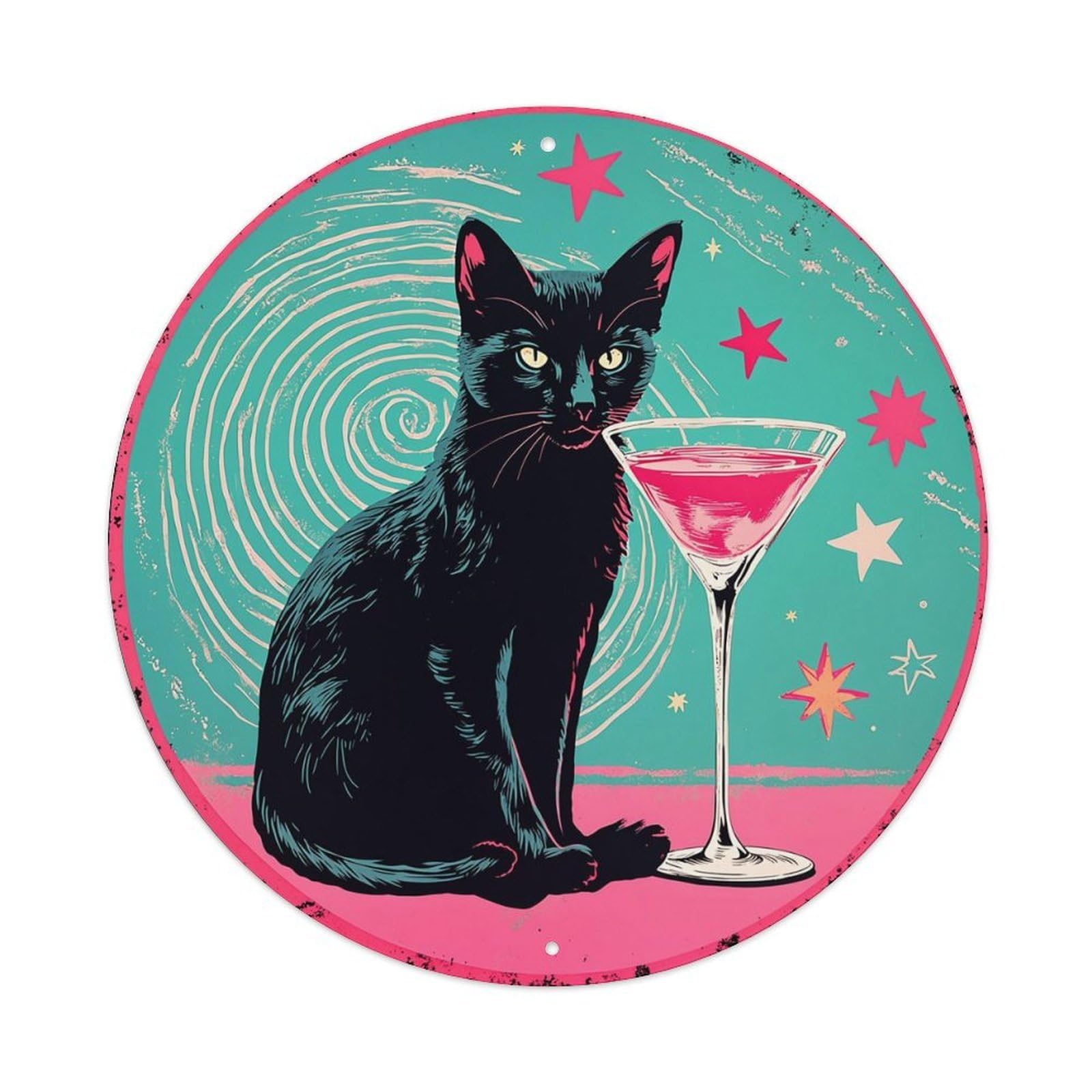 Black Cat Martini Stars Swirl Metal Tin Sign Plaque