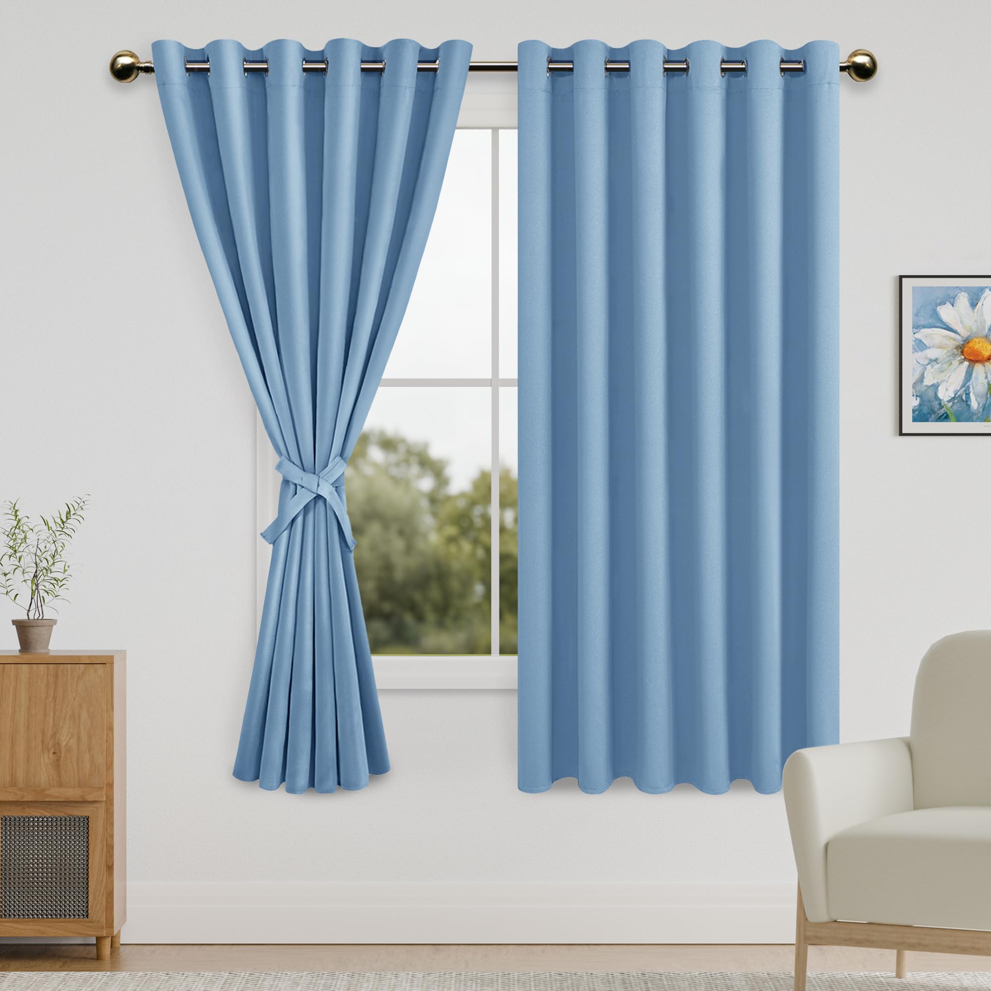 DWCN Blackout Curtains for Bedroom with Tiebacks - Room Darkening Privacy Grommet Top Window Curtains for Living Room, 70 x 63 inch Length,Light Blue,Set of 2 Panels — image 1