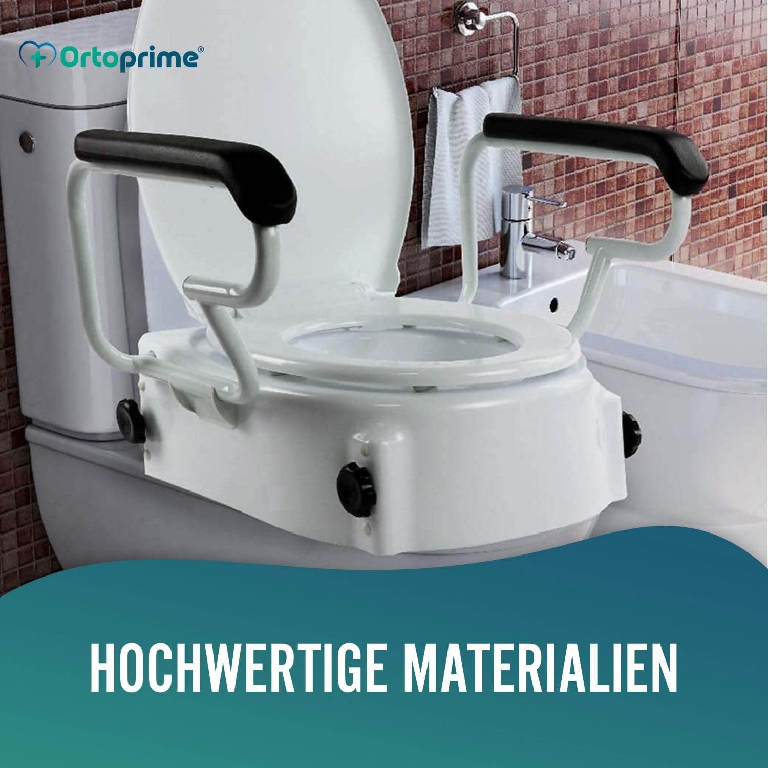OrtoPrime Toillettensitzerhöhung mit Armlehnen - Höhenverstellbar 5, 10 und 15 cm - WC Sitz Erhöhung mit Absenkbarer Abdeckung - Toillettenaufsatz für Senioren - Sitzhilfe WC