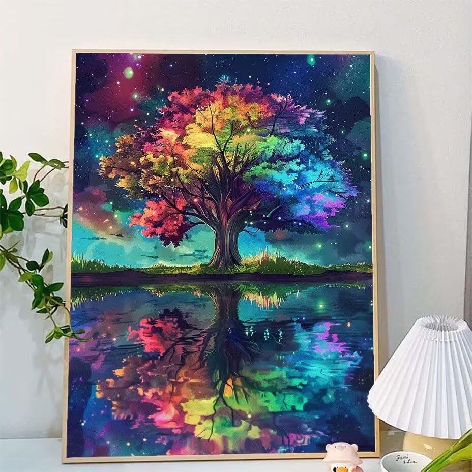 Pintura por numeros adultos 100x130cm cuadro lienzo arbol reflexion sin marco 2