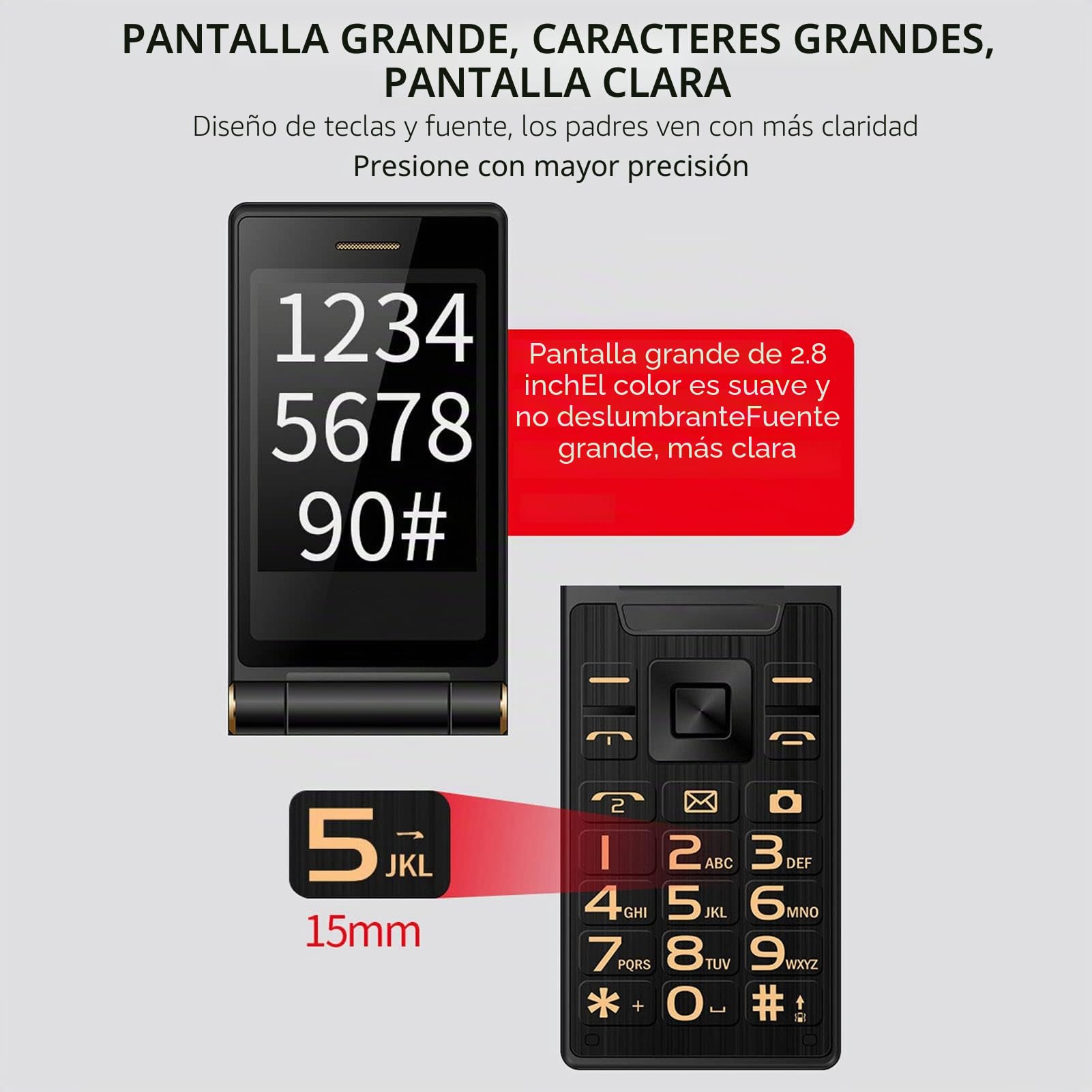 Teléfono Flip para Mayores con Botones Grandes, Móvil gsm para Mayores con Botón SOS, Linterna, Altavoz, Radio, Pantalla Dual, Cámara, 8 Números Familiares (Oro)