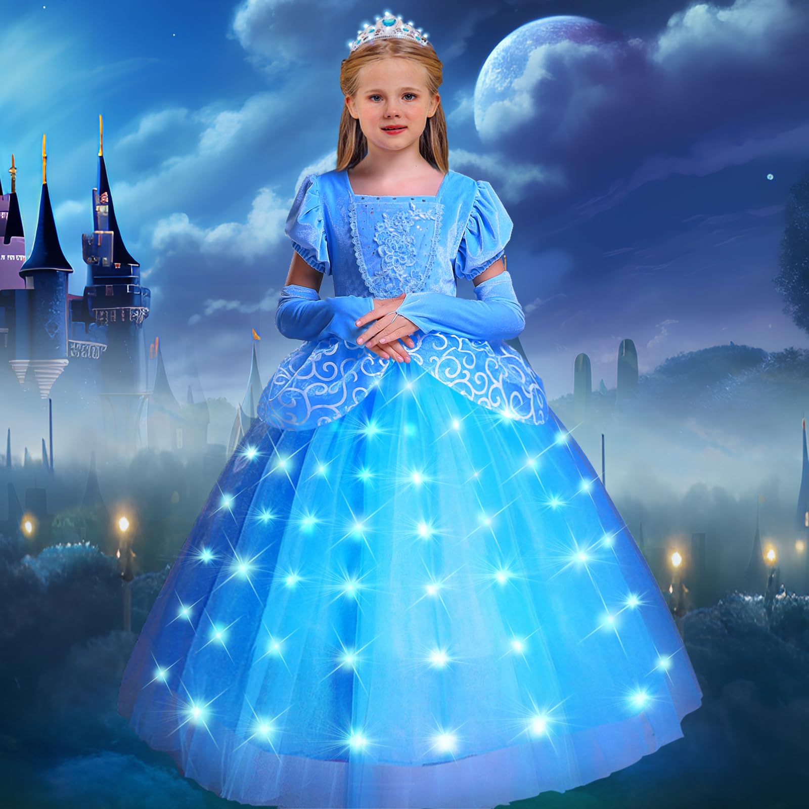 VIPten Light Up Princess Dress Girls Toddler Blue Princess Costume Children's Halloween Cosplay Princess Dress (Blue with accessories