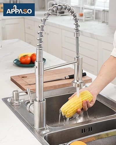 Miniatura 9 de APPASO SUS304 - Grifo de cocina con dispensador de jabón, grifo de cocina desplegable comercial de una sola manija de arco alto para fregadero de