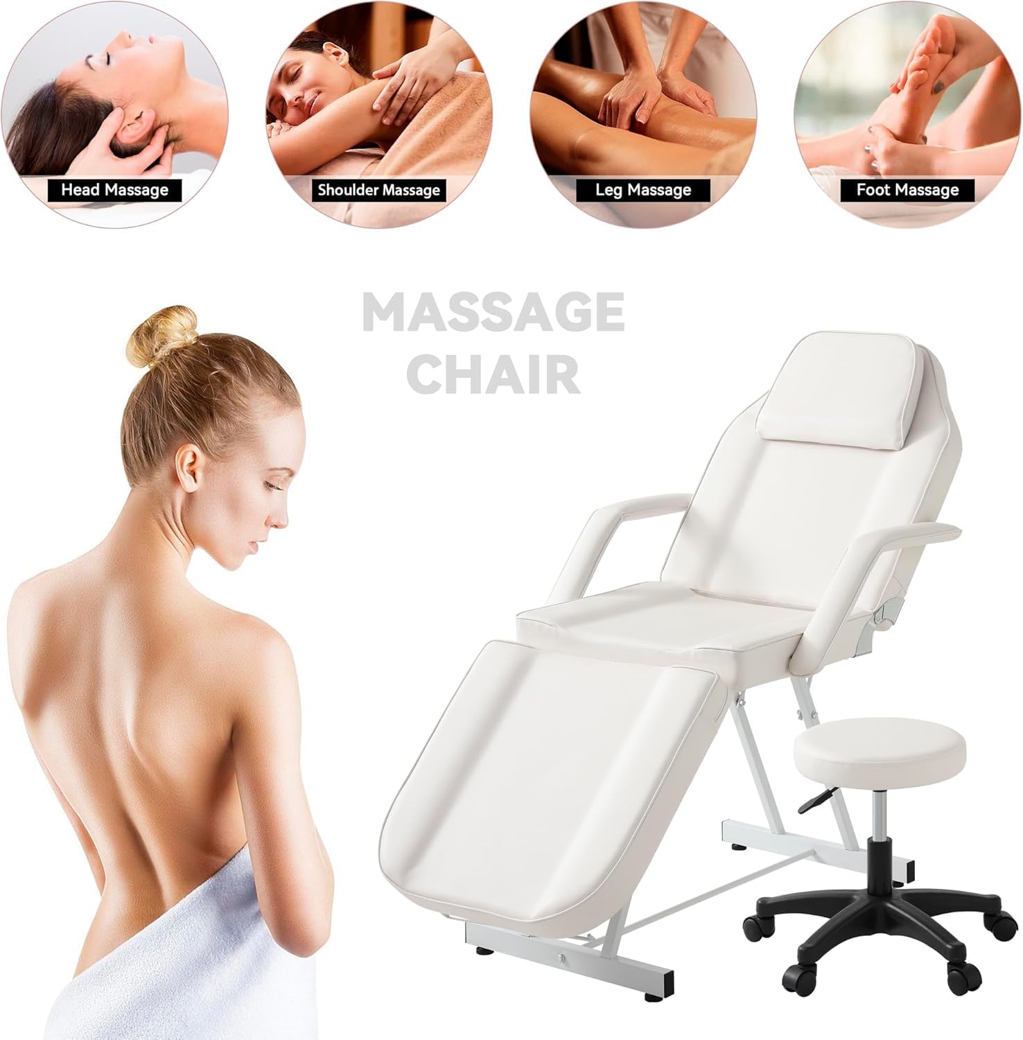 Cama de Masaje Profesional Camilla Masaje Plegable con Taburete 3 Zonas Camilla Estetica Fisioterapia Ajustable Reposacabezas para SPA, Tatuaje, Facial, Pedicure Therapy (Blanco)