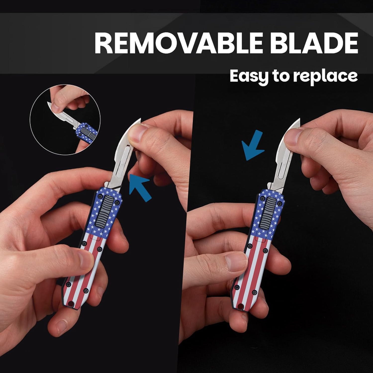 Automatic Utility Knife,All Metal Construction Carbon Stainless Steel Blade,Box Cutter Quick Change Retractable,EDC Push Button with Clip,10PCS #23 Blades Replacement,Stars&Stripes