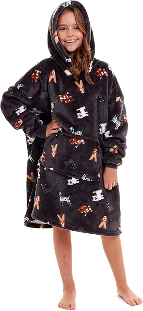 Slumber Hut Hoodie Wearable Blanket Ultra Soft Fleece Snuggle Poncho Loungewear Hooded Top Oversized Comfy Cosy Sweatshirt Throw Cover - Charcoal Dog Kids One Size