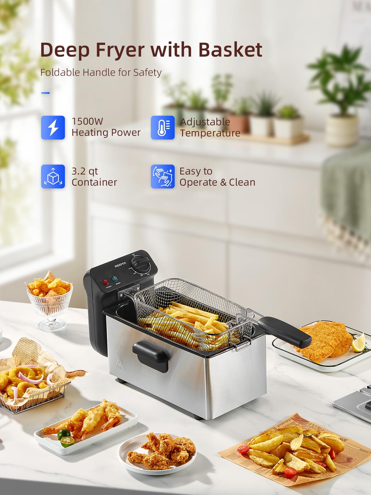 Freidora eléctrica 3L, freidora de 2000 W con revestimiento esmaltado antiadherente, termostato doble seguridad, piezas compatibles con lavavajillas, temperatura ajustable 130-190 °C