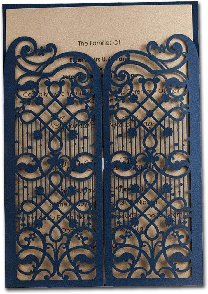 JofanzaNavy Blue Laser Cut Wedding Invitations Kite with Elegant Gate Fold Design and Envelopes