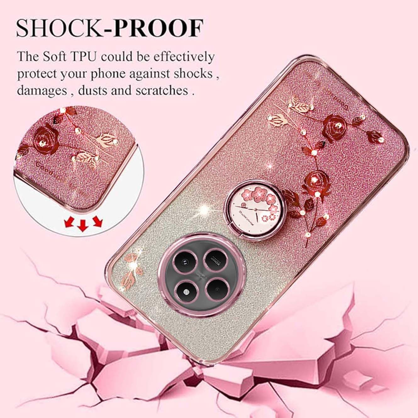 MRRSIWEI For Xiaomi Redmi Note 14 Case For Women Girls, Luxury Plating Bling Glitter Sparkle Flowers Shockproof Case With Ring Stand For Xiaomi Redmi Note 14.Flowers Purple - View #7