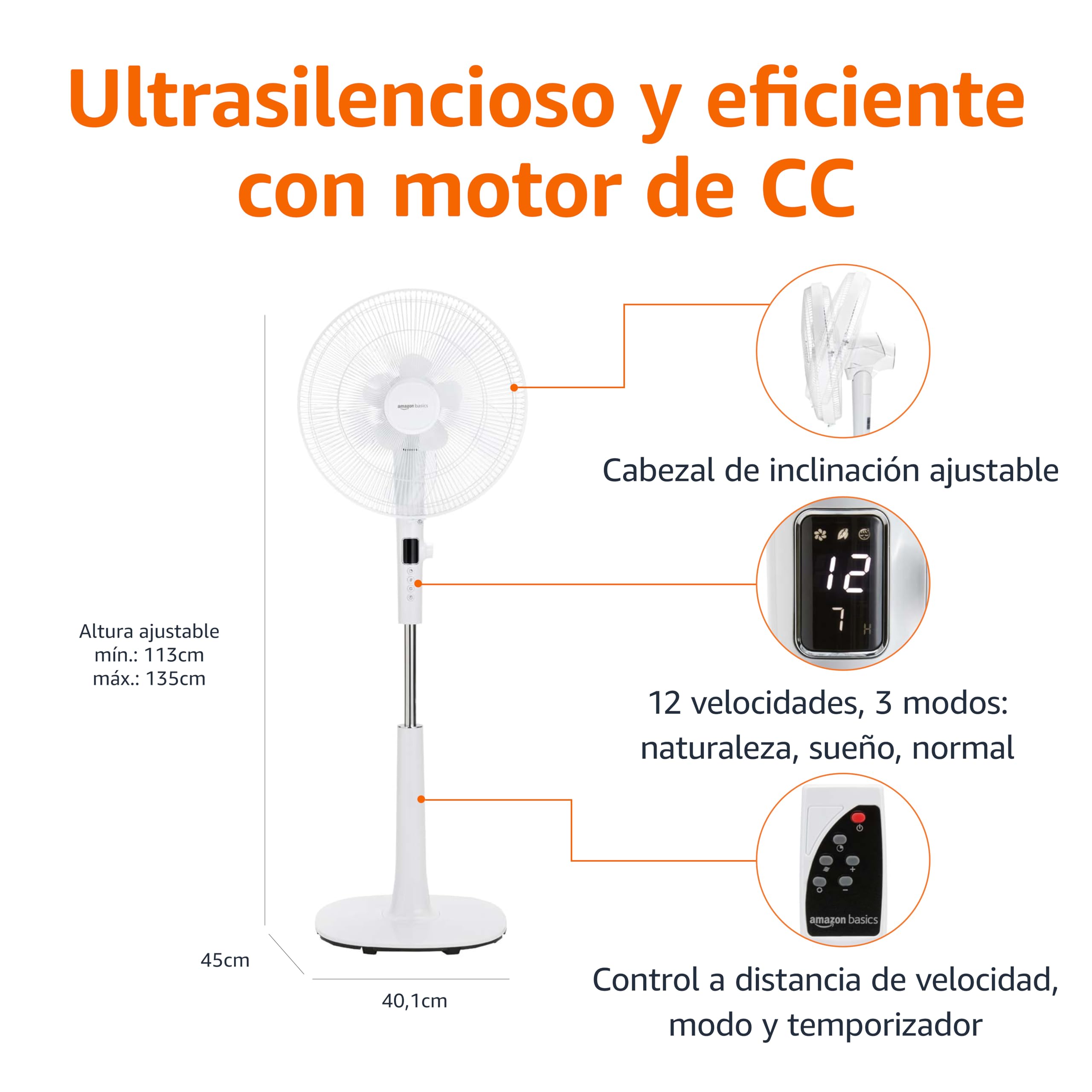 Amazon Basics Ventilador de Pie 40 cm, Motor DC, 12 Velocidades con Mando a Distancia, 3 Modos de Brisa, Aspas de Doble Capa, Temporizador, Eficiencia Energética y Motor DC Silencioso (28W), Blanco