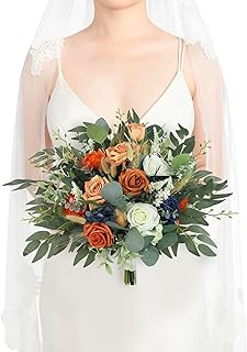 Rinlong Fall Wedding Bouquets for Bride Navy Blue Burnt Orange Bridal Bouquet for Wedding Terracotta Bouquets Boho Artificial Flowers