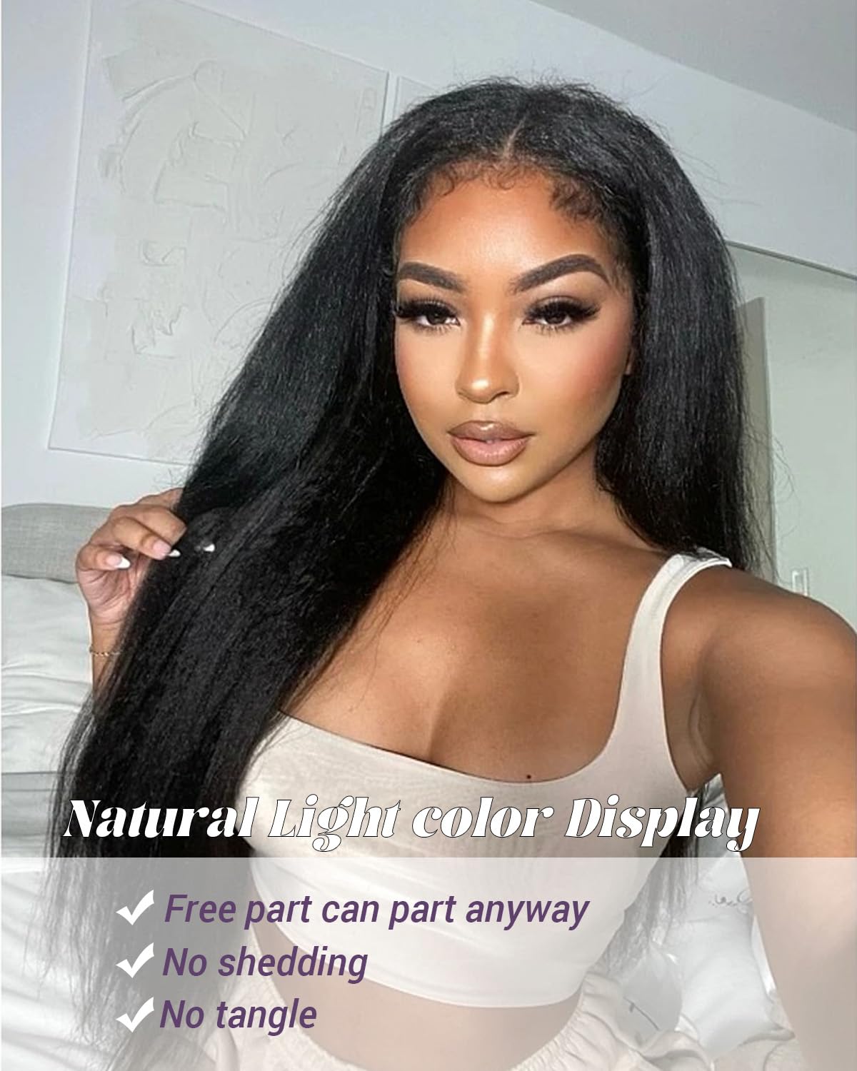 13x6 Kinky Straight Lace Front Wigs Soft As Human Hair Pre Plucked With Baby Hair 180% Density Yaki Straight Transparent HD Lace Wig 200% Density Glueless Wigs for Black Women (13x6, 24 Inch)