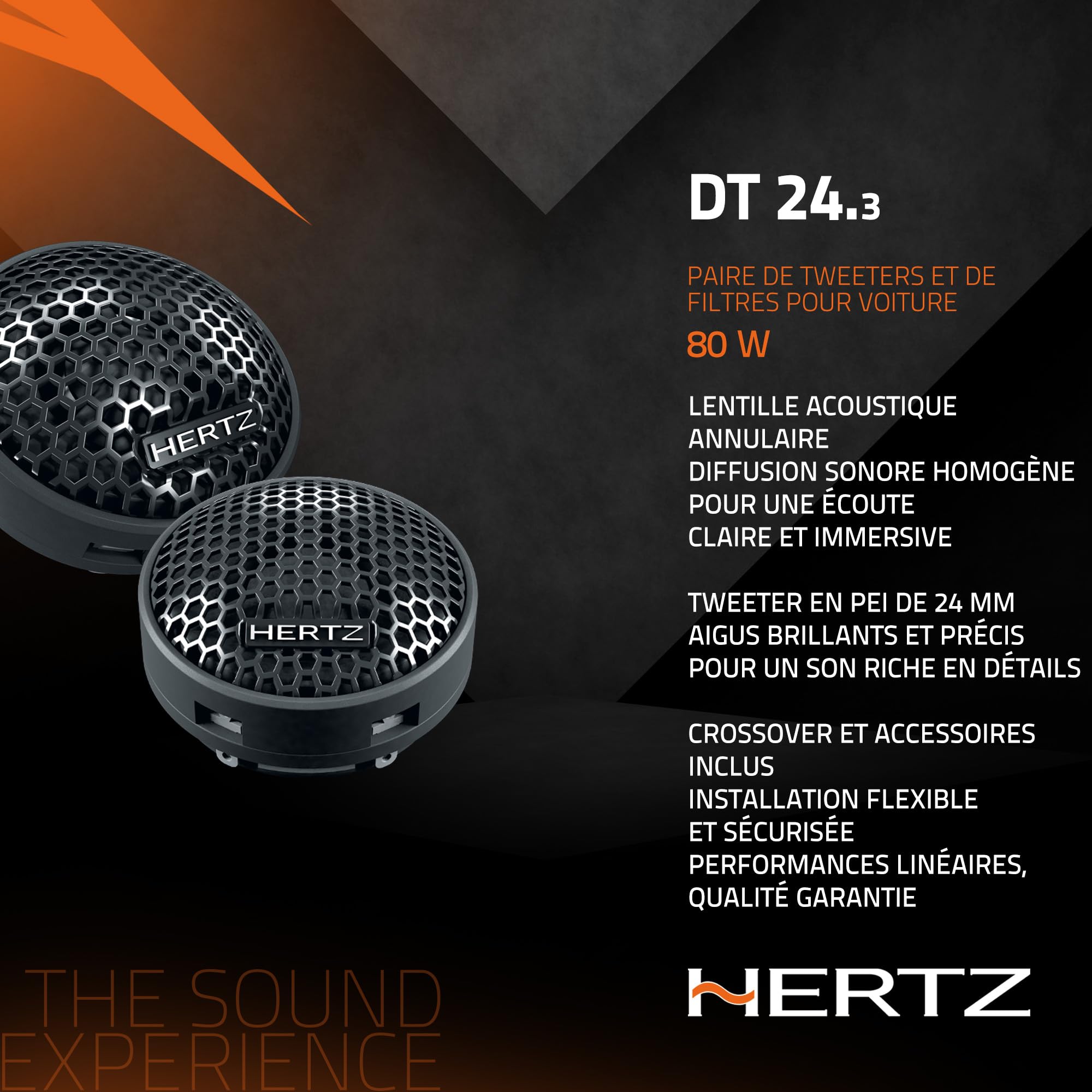 Hertz DT 24.3 Paire de tweeters 24 mm, 80 W | dôme en PEI, aimant néodyme, 4 Ohm, 94 dB, filtre inclus, 3000-23000 Hz, grilles incluses, profondeur 13 mm
