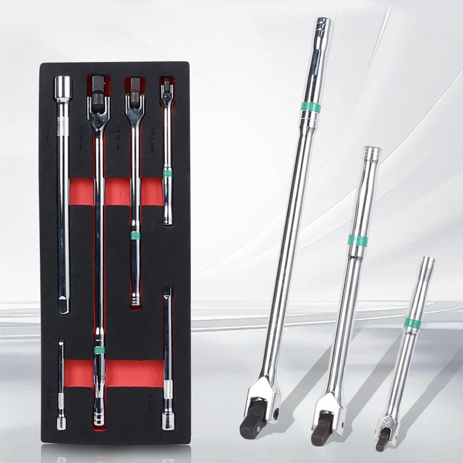 6-teiliges Breaker Rod Set 1/4 Zoll 3/8 Zoll 1/2 Zoll Antriebe Heavy Duty Breaker Rod Drehbarer Kopf Metall für einfache Lagerung