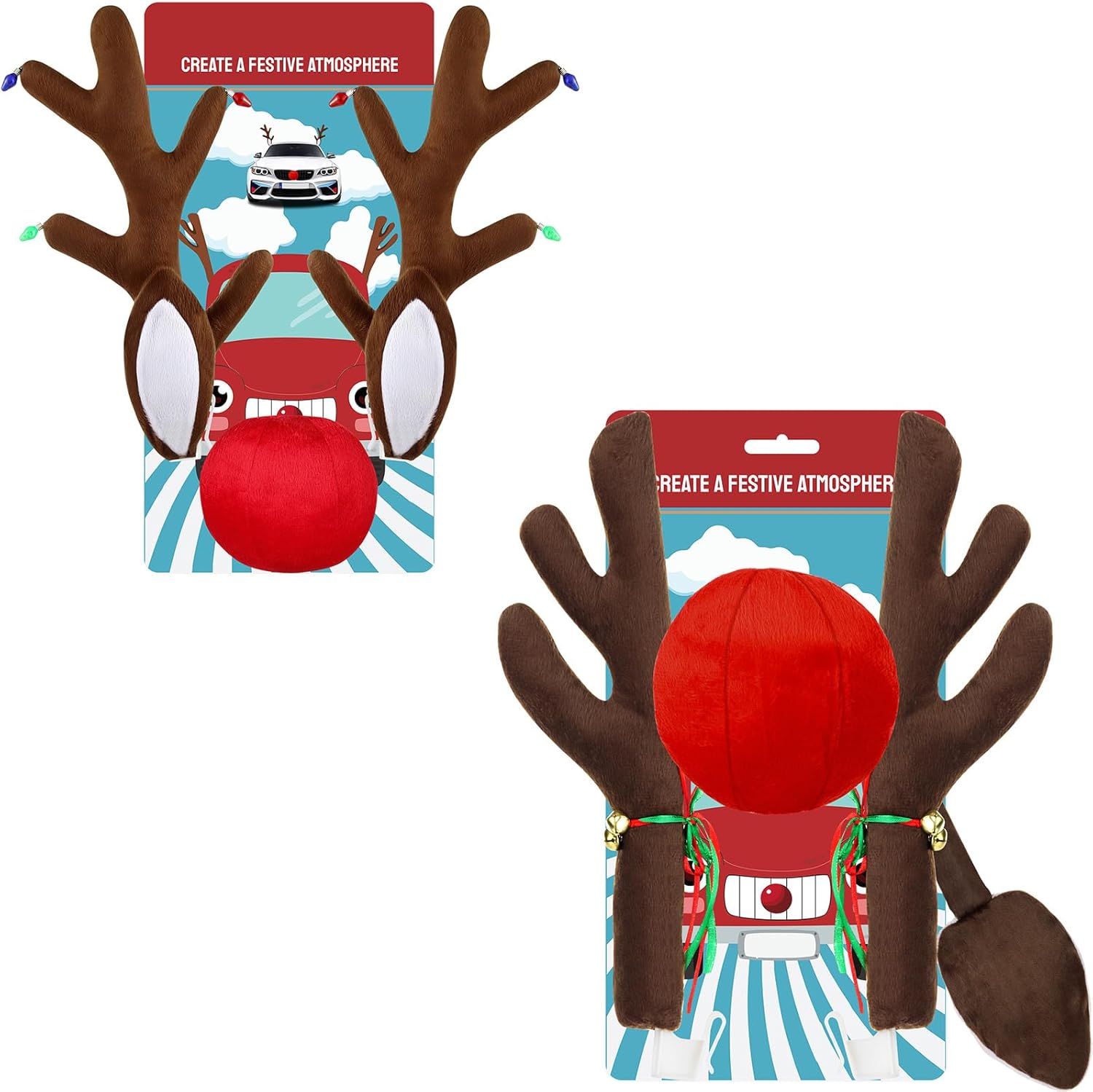 Car Reindeer Antlers with Nose & Tail Light - Festive Plush Rudolph Kit with Bells for SUV Van Truck by Narremcoy