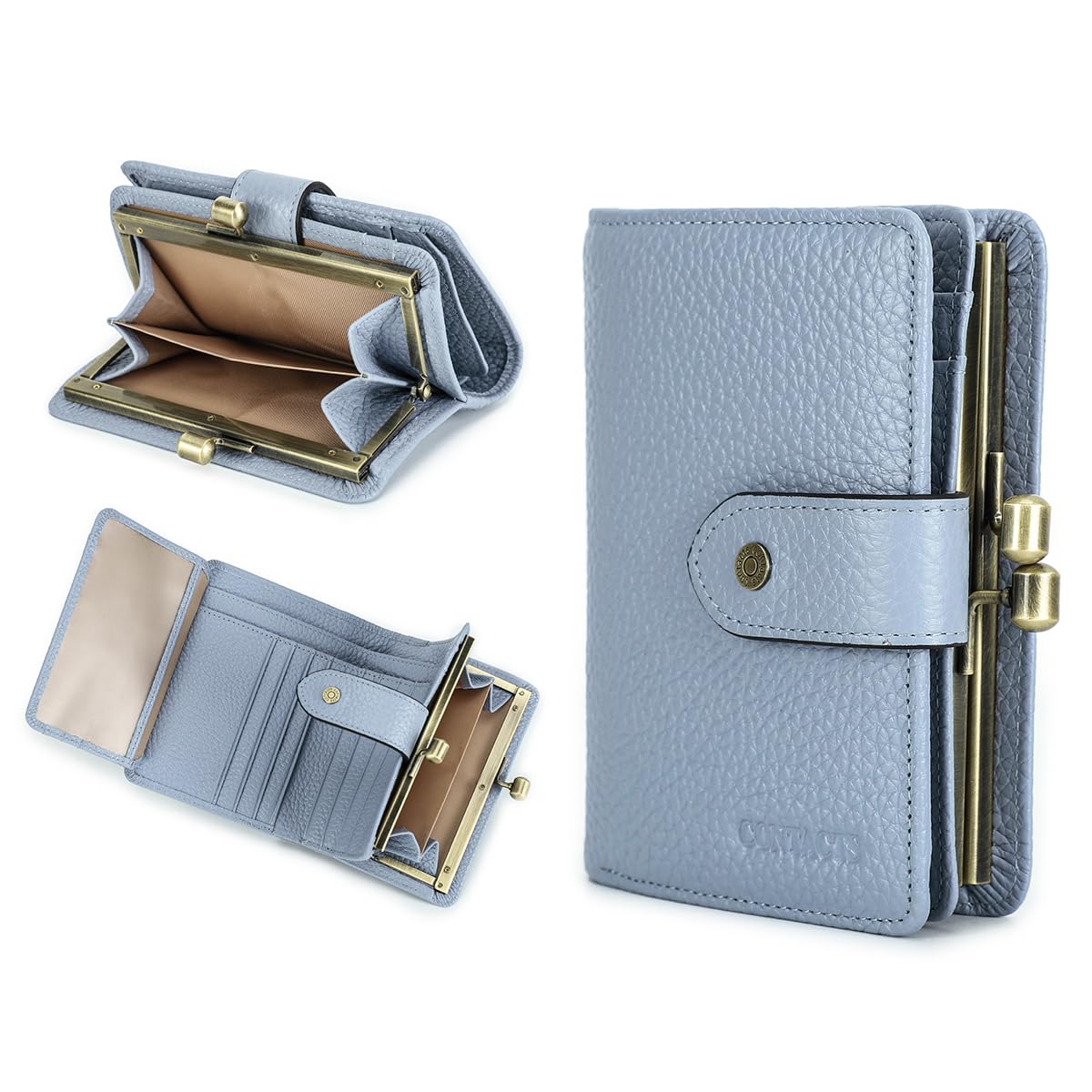 Contacts Portafoglio da donna con chiusura a bacio, RFID 11 scomparti per carte di credito, pochette in pelle bifold con finestra ID, Azzurro, S, Casual