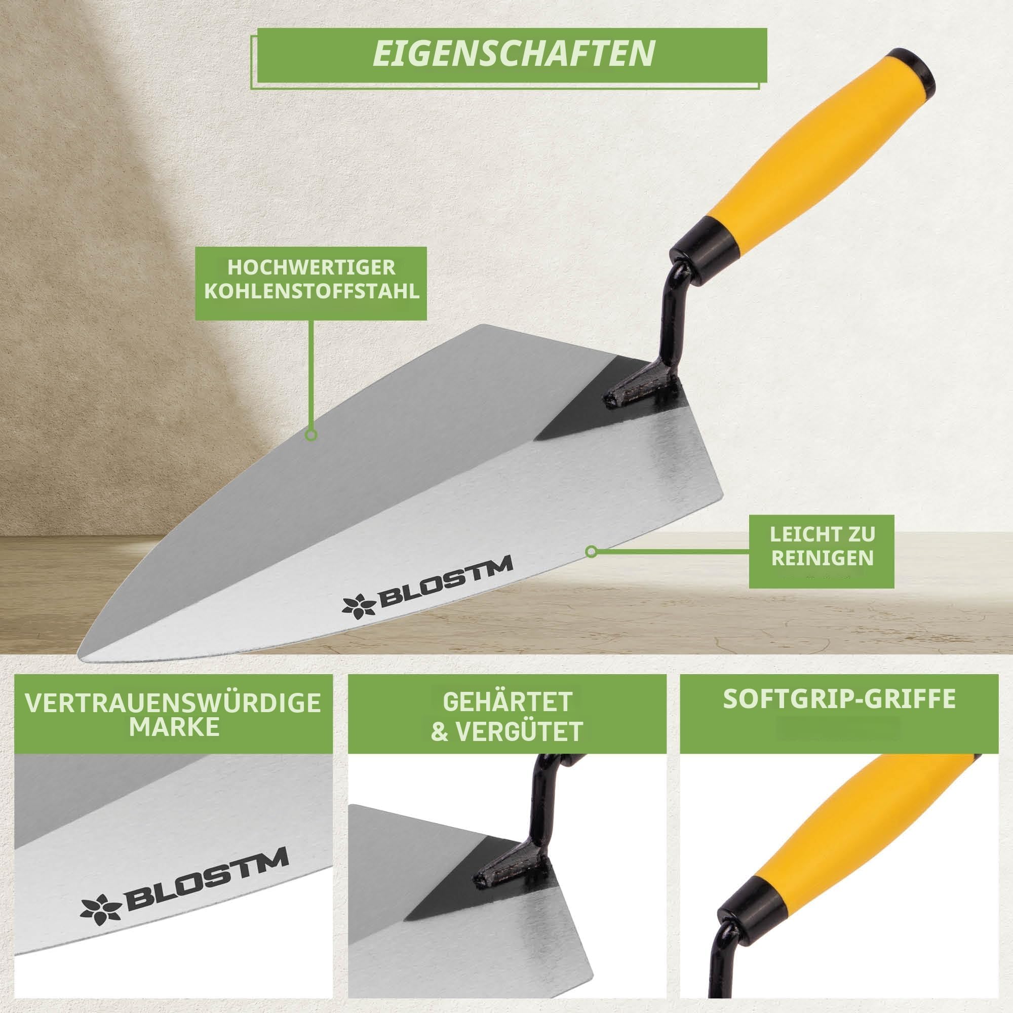 BLOSTM Maurerkellen-Set, 5-teilig, Ziegelfugenwerkzeug, Messkelle, Putzkelle – aus robustem Karbonstahl – Maurerwerkzeuge mit weichen Griffen (5 Stück)