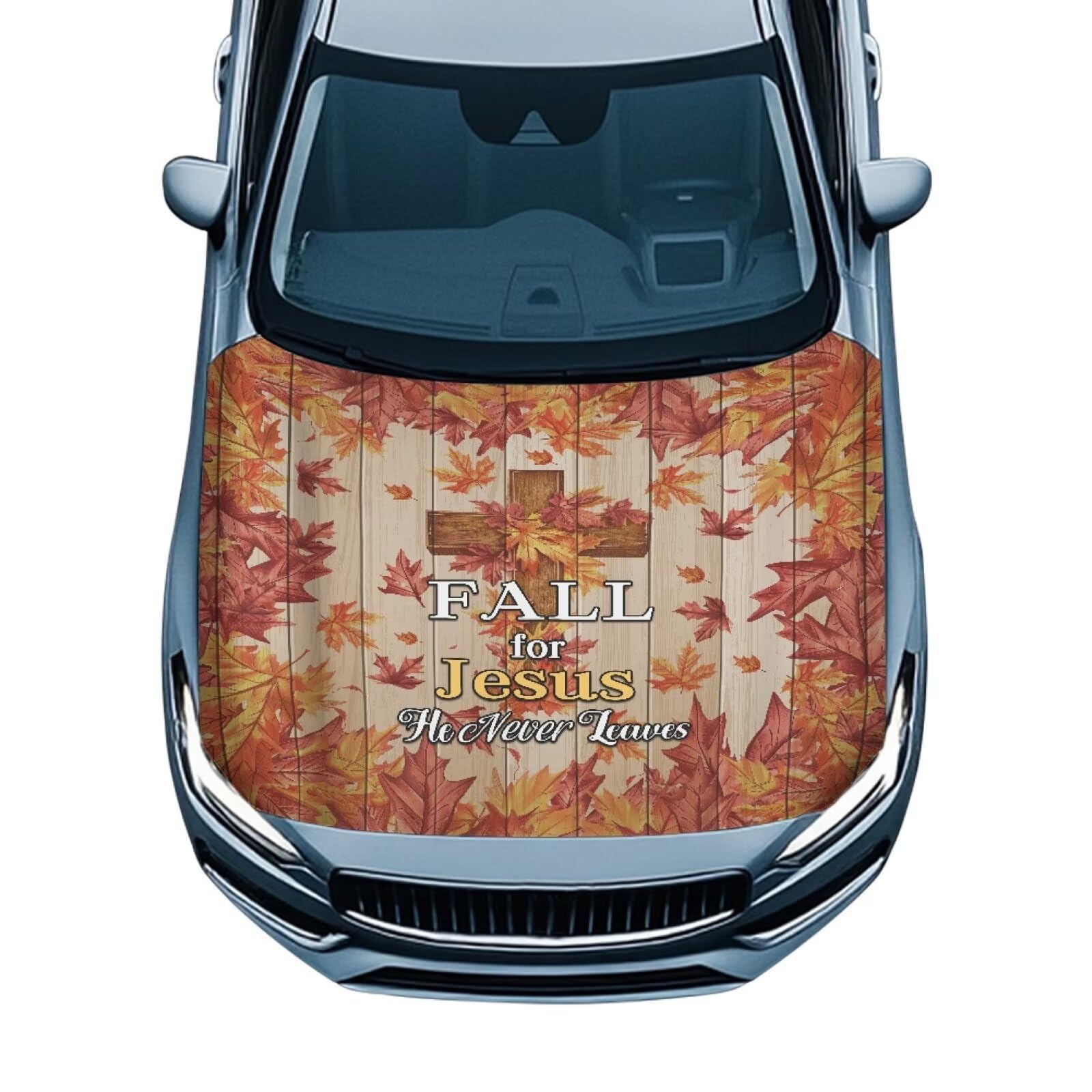Fall Cross Maple Wooden Print Car Hood Cover Protector 59×39 Inch Stretchable Auto Hood Wraps Waterproof Halloween Automotive Exterior Accessories for Most SUV Sedans Trucks
