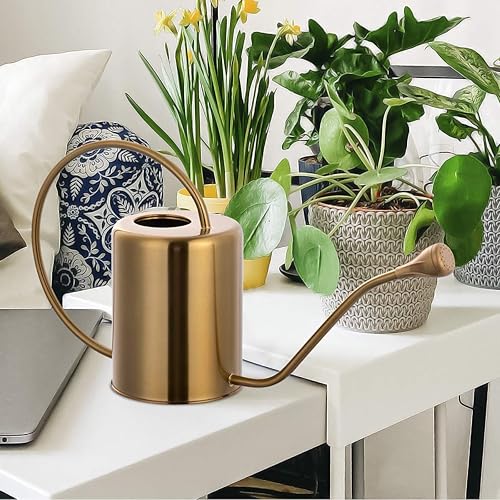 Miniatura 4 de Regadera de acero inoxidable de 1/2 galón de 68 onzas de largo, color dorado, para riego de plantas de interior o jardinería al aire libre con 2