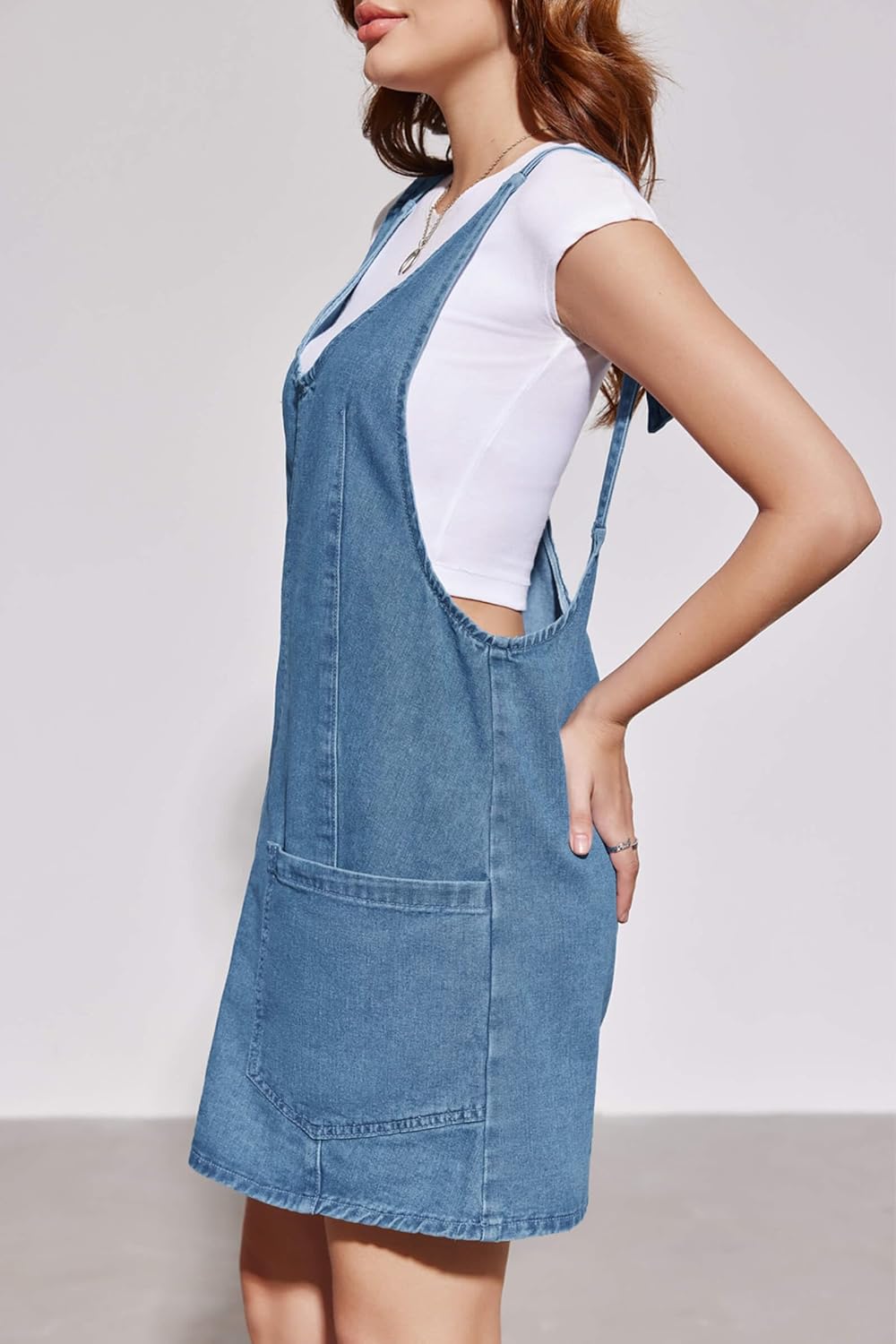 PLNOTME Womens Sleeveless Denim Overall Dress V Neck Summer Mini Jean Dress with Pockets - Image 4