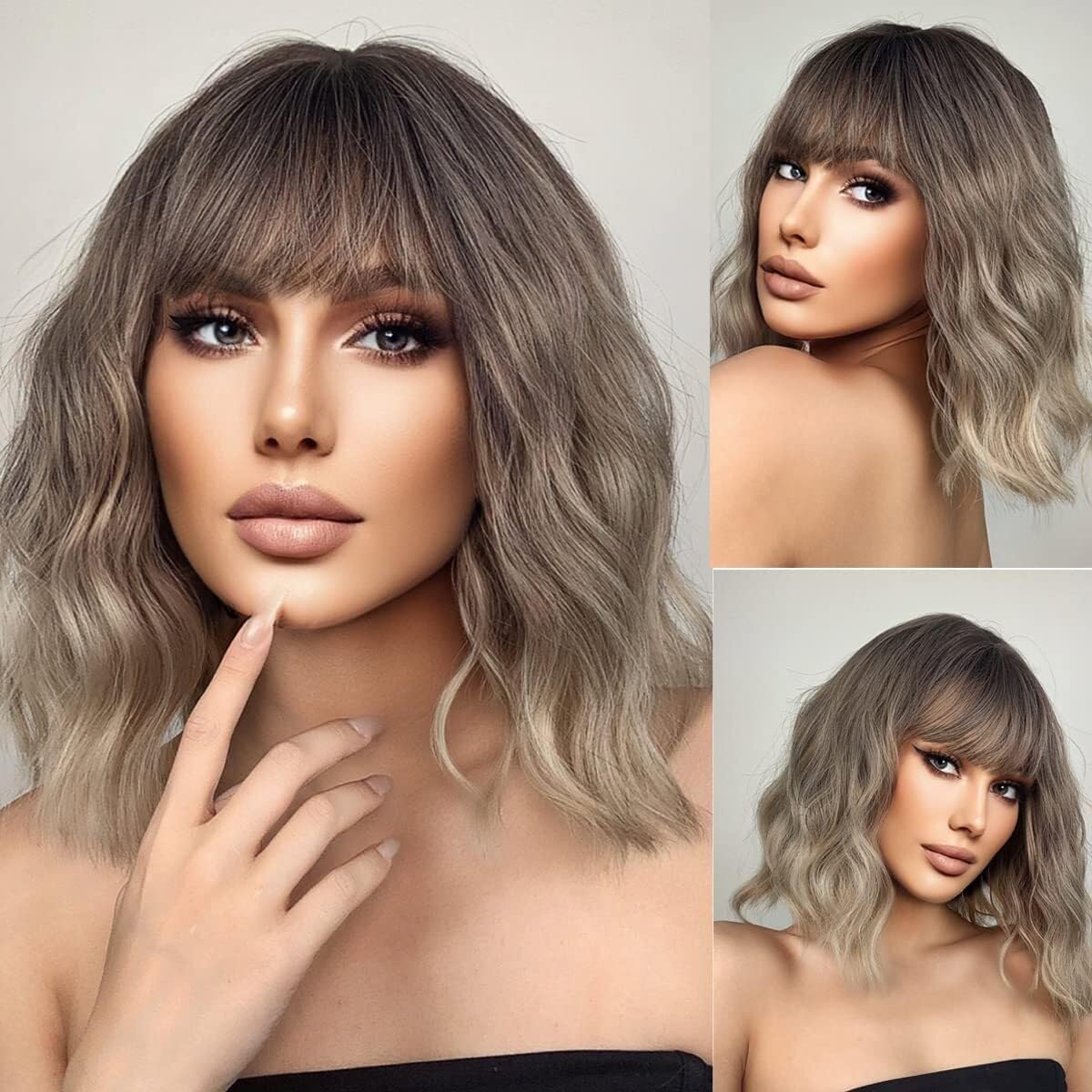 Polosu Women's Grey Short Wavy Ombre Ash Blond Wig With Bangs For 12'' Short Blonde Bob Curly Wigs Shoulder Length Synthetic Hair For Daily Party Cosplay