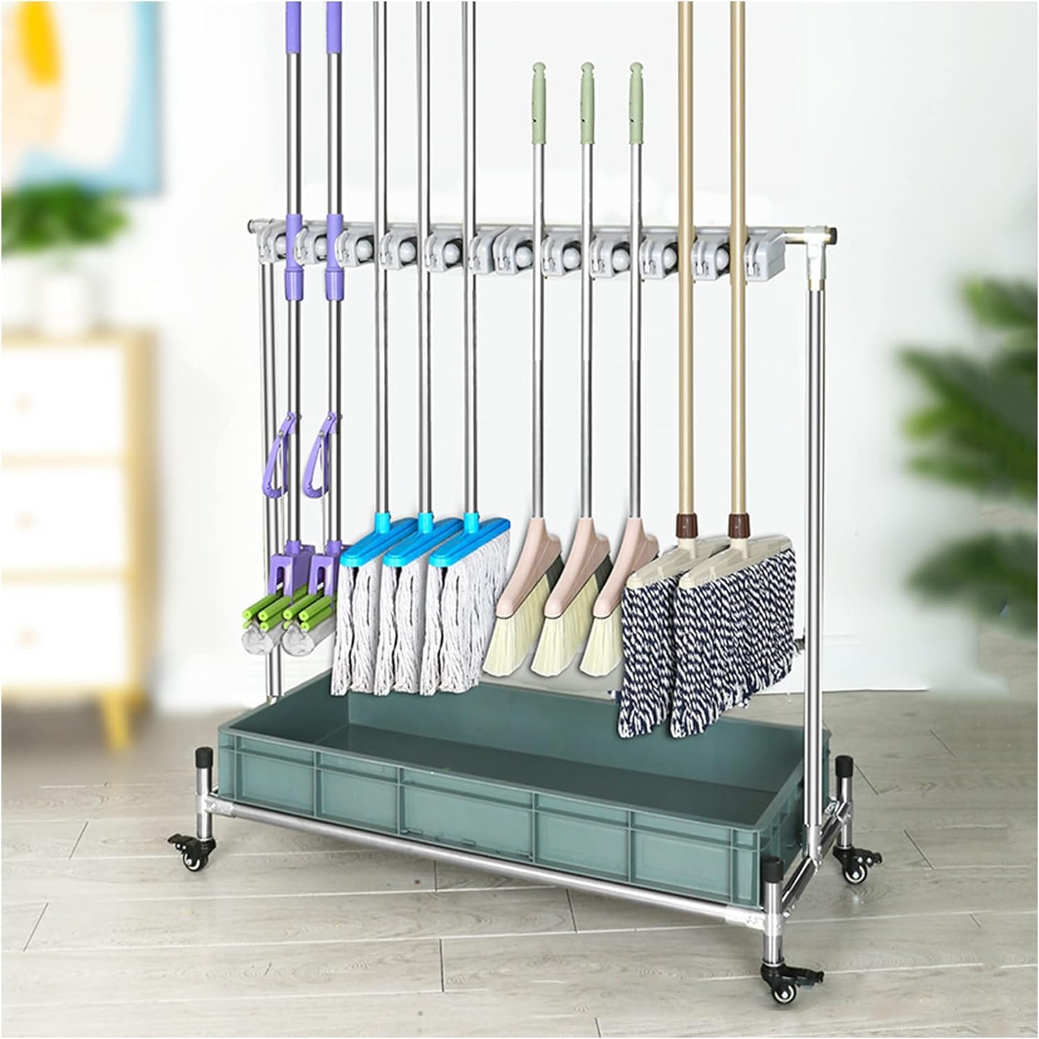 Movable Broom Mop Holder,Commercial Cleaning Tool Cart, Rack To Hang Brooms And Mops,Cleaning Supplies Organizer,Garden Tool Storage,For Garage,Schools,Hospitals,Factories(With Wheels-6Slots)