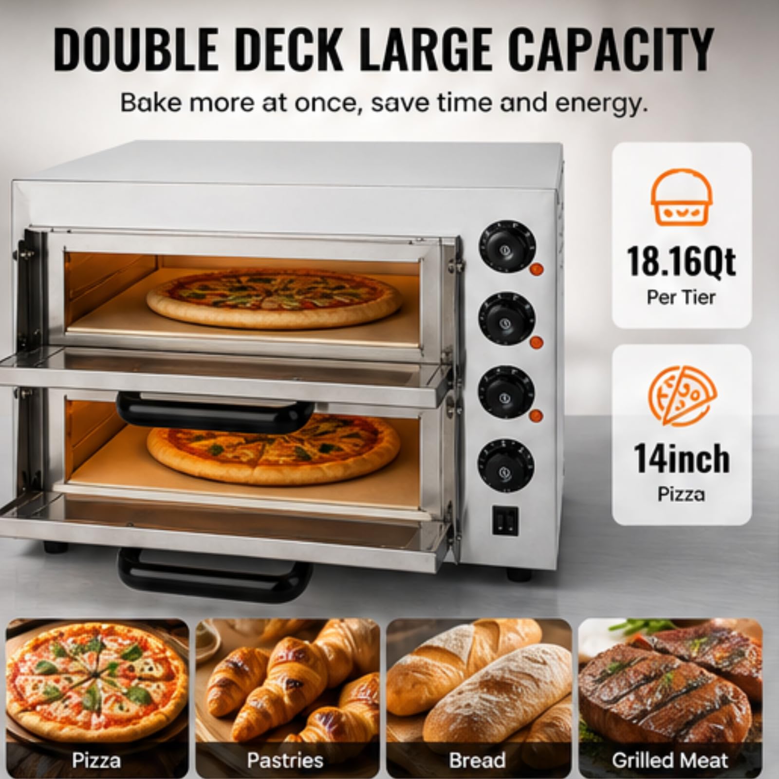 Komercyjny elektryczny piec do pizzy, 2-warstwowy, 50-350℃, piekarnik do pizzy, 3000 W, uniwersalny piec do pizzy, do użytku wewnątrz pomieszczeń, do gastronomii, na blat roboczy
