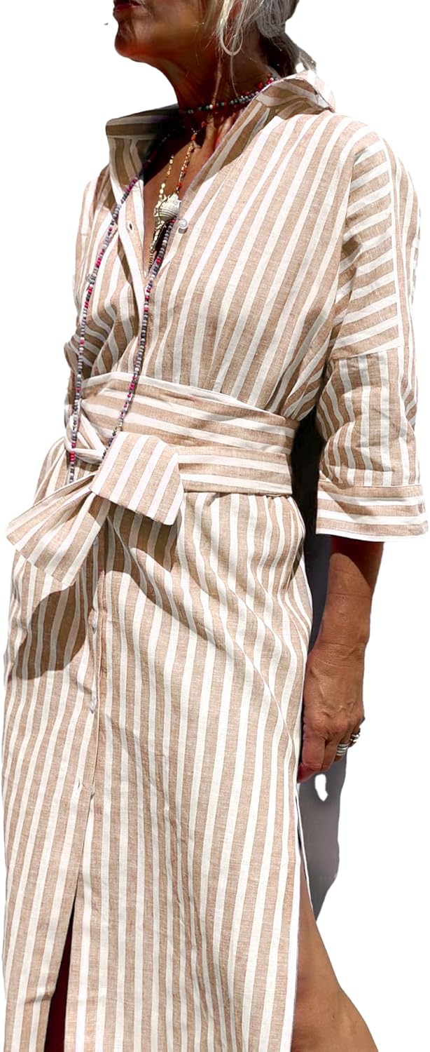 utcoco Womens 2026 Shirt Dress Casual Lapel 3/4 Sleeve Button Down Split Belted Vacation Maxi Dress