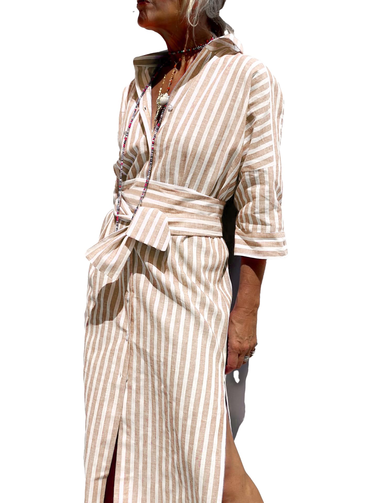 Photo 1 of utcoco Womens 2026 Shirt Dress Casual Lapel 3/4 Sleeve Button Down Split Belted Vacation Maxi Dress (X-Small, Light Brown Striped)