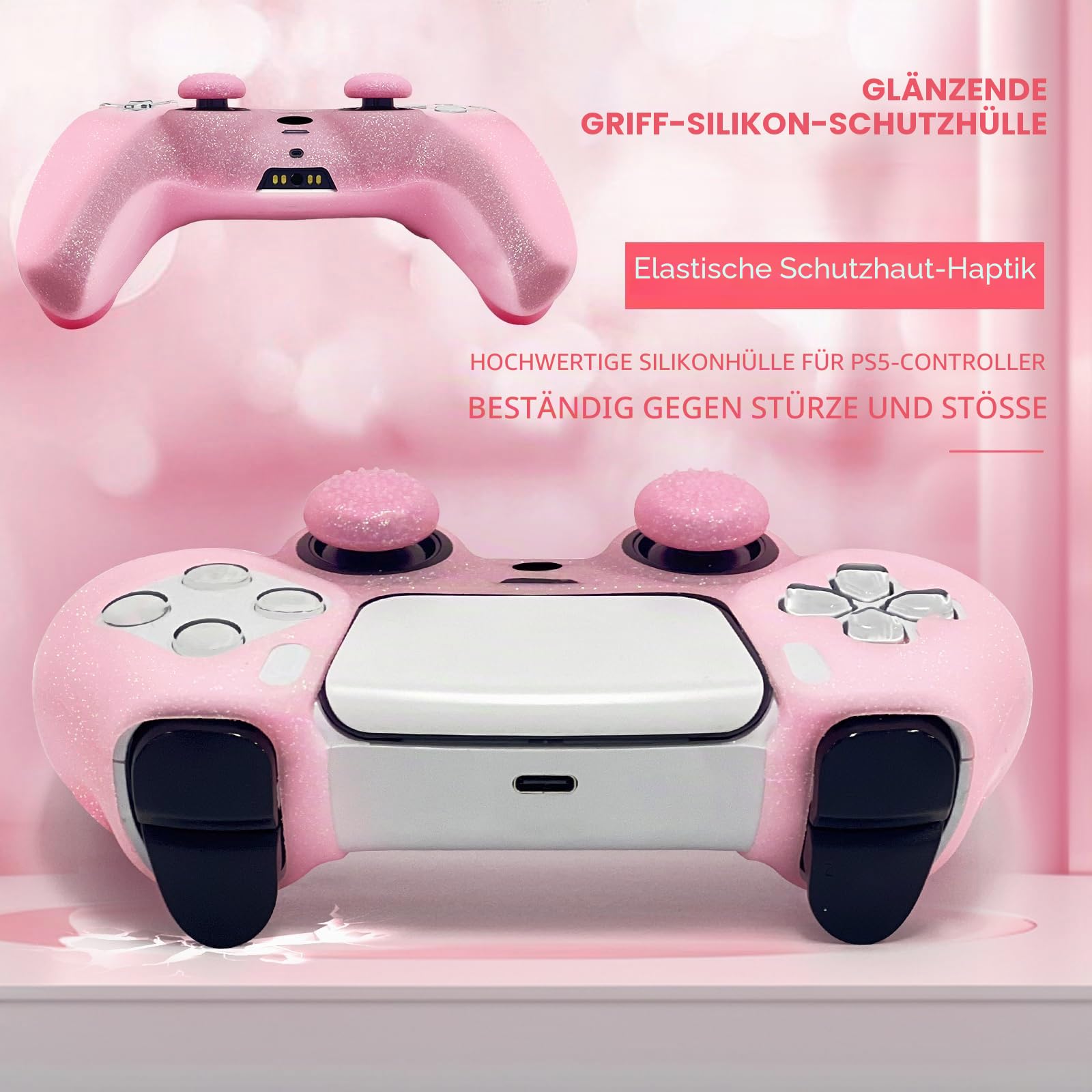 HLRAO rutschfeste Silikon-Schutzhülle mit Glitzer, kompatibel mit PS5/Slim/Pro Controller, 8 Stück Glitzer-Daumengriffkappen und 2 Griffkappen.