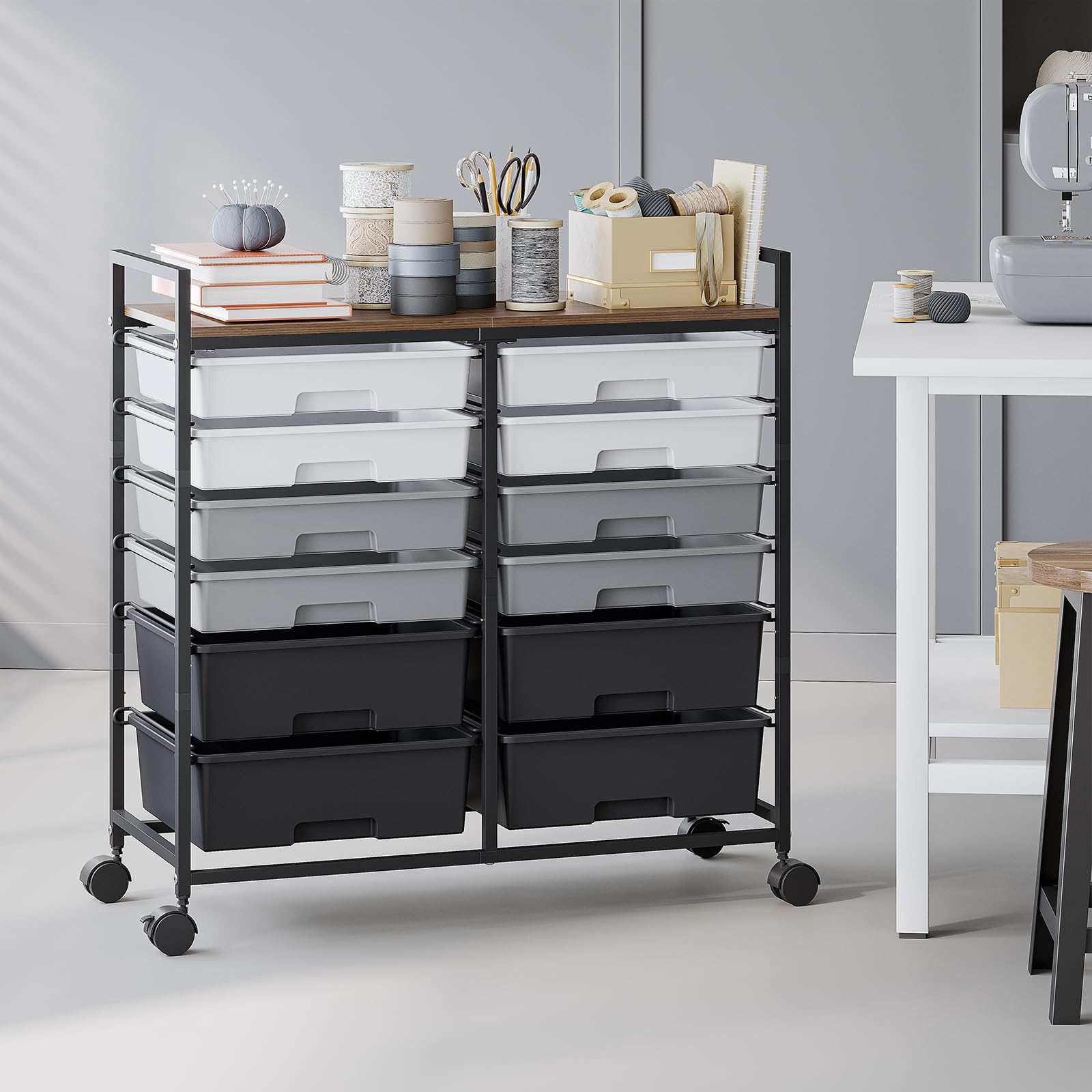 Carrito con 12 cajones - Rollcontainer - Carrito de almacenamiento para baño - en plástico, carrito multiuso para bricolaje, carrito de herramientas y almacenamiento con encimera imitación madera