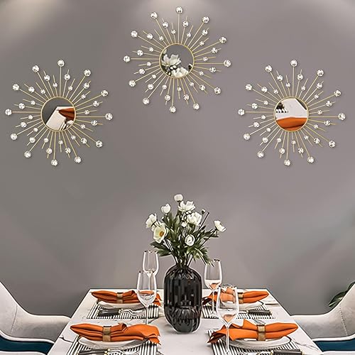 Uaussi - Juego de 3 espejos de cristal con diseño de rayos de sol para pared, espejos con strass decorativos para el hogar, obra de arte para pared