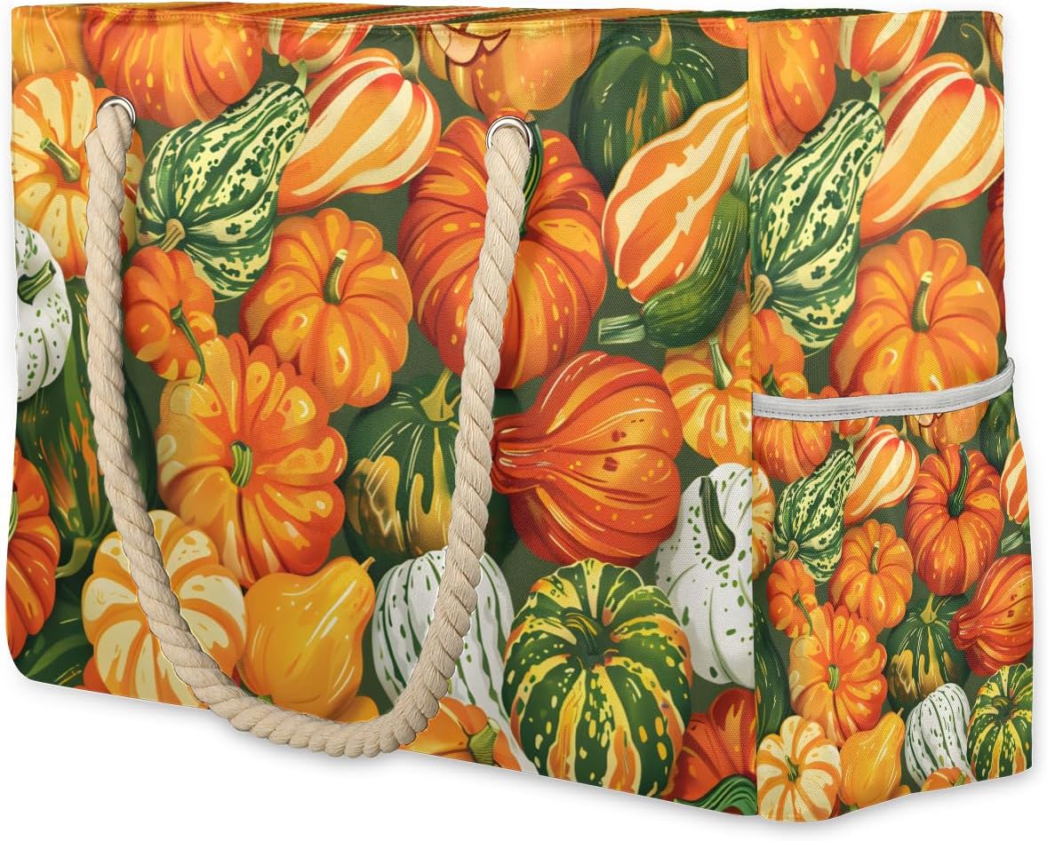 Autumn Colorful Pumpkins Beach Bags Waterproof Sandproof for Women, Large with Zipper Pool Beach Tote Reusable Grocery Shoulder Bag for Swim Travel Shopping Vacation Picnic