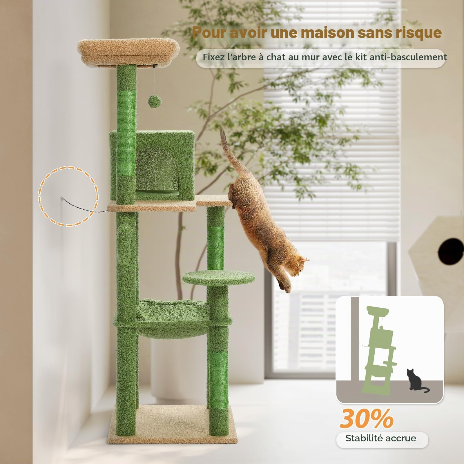 PAWZ Road Arbre a Chat Cactus 143 cm avec Hamac, Griffoirs et Niche, Vert