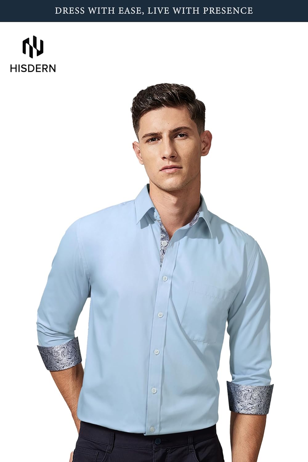 HISDERN Mens Dress Shirts Long Sleeve Button Down Casual Shirts for Men Inner Contrast Formal Business Tuxedo Wedding Shirt - Image 4