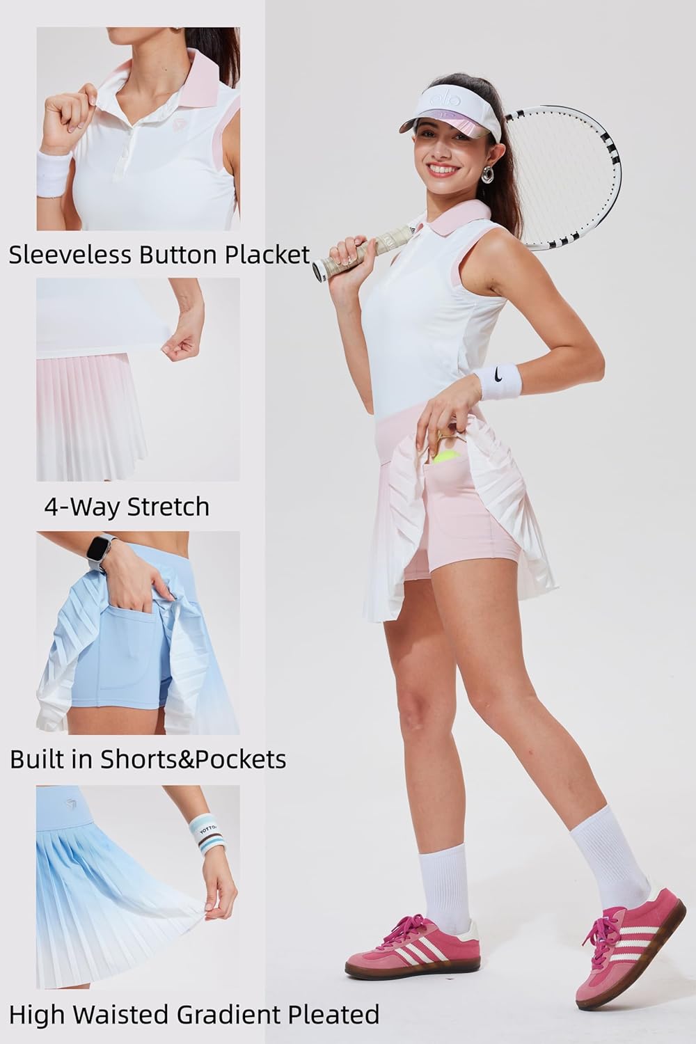 AFZ Women's Two Piece Tennis Skirt Sets Polo Sleeveless Ombre Pleated Pickleball Golf Outfits with Shorts and Pockets - Image 3