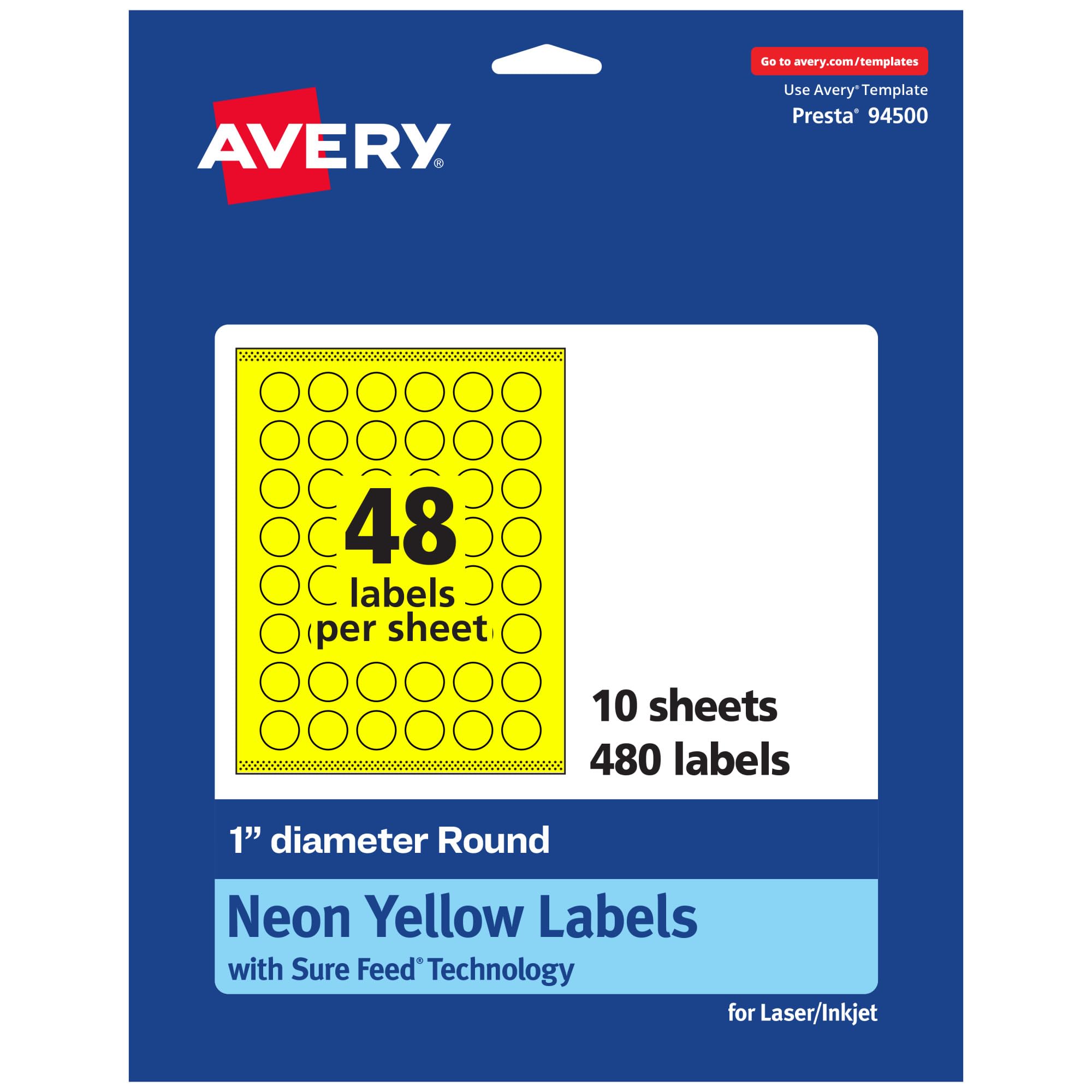 Avery Printable Round Labels, Sure Feed Technology, 1" Diameter, Neon Yellow Labels, Print-to-The-Edge, Laser/Inkjet, 480 Total, Great for Price