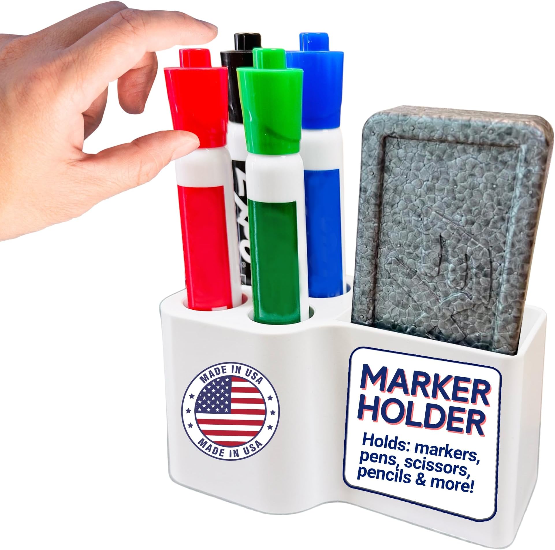Storage Theory Magnetic Dry Erase Marker Holder – Desk & Whiteboard Pen Organizer for Office, Classroom, Fridge – Space-Saving Marker & Eraser Caddy – White, 1 Pack