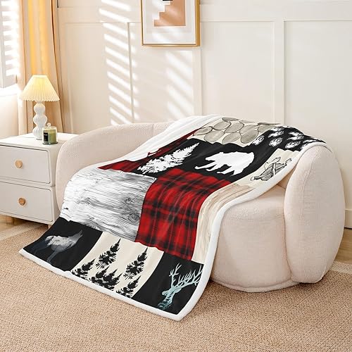 Miniatura 3 de Camper Adventure - Manta de retazos a cuadros rojos con patas de ciervo, para sofá, manta rústica de granja para niños, manta de forro polar suave y
