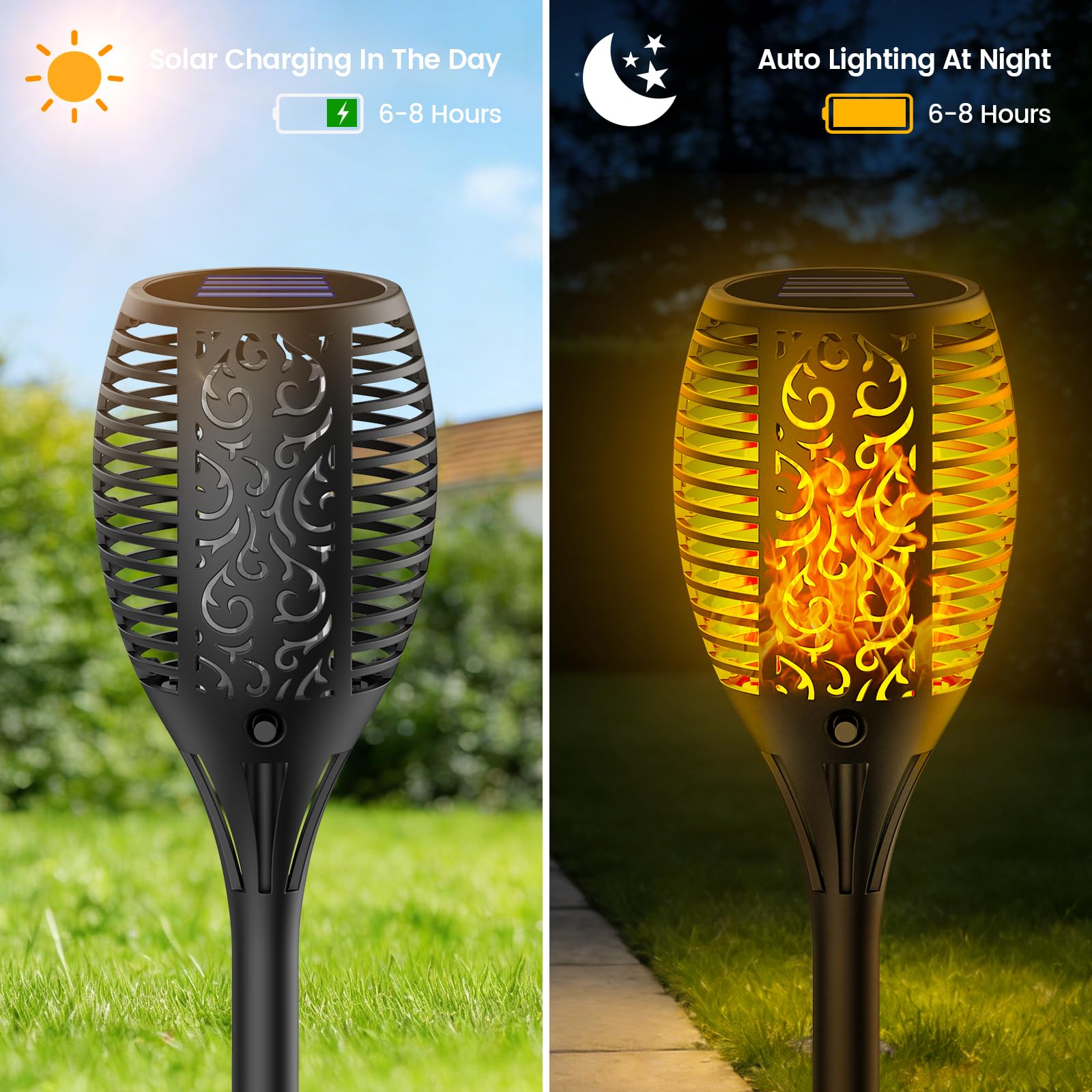 Solarlampen für Außen Garten, 33LED Solarfackeln mit Flammeneffekt, IP65 Wasserdicht Solar Fackeln Gartenfackeln für Draußen 4 Stück für Hinterhöfe, Gärten, Rasen