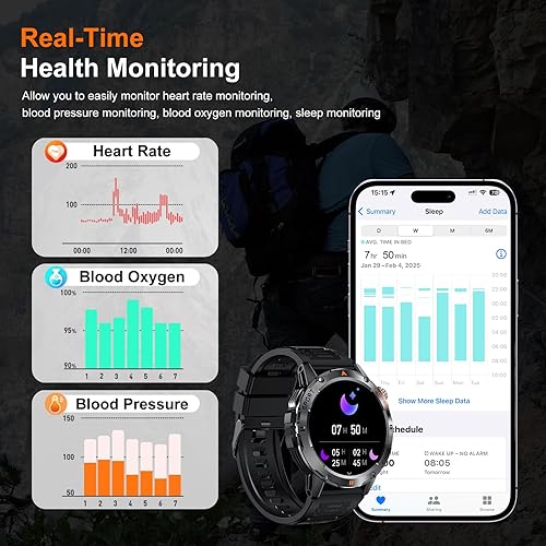 Miniatura 5 de Reloj inteligente militar para hombre, (responderhacer llamadas), reloj inteligente de fitness con linterna compatible con Android y iPhone,