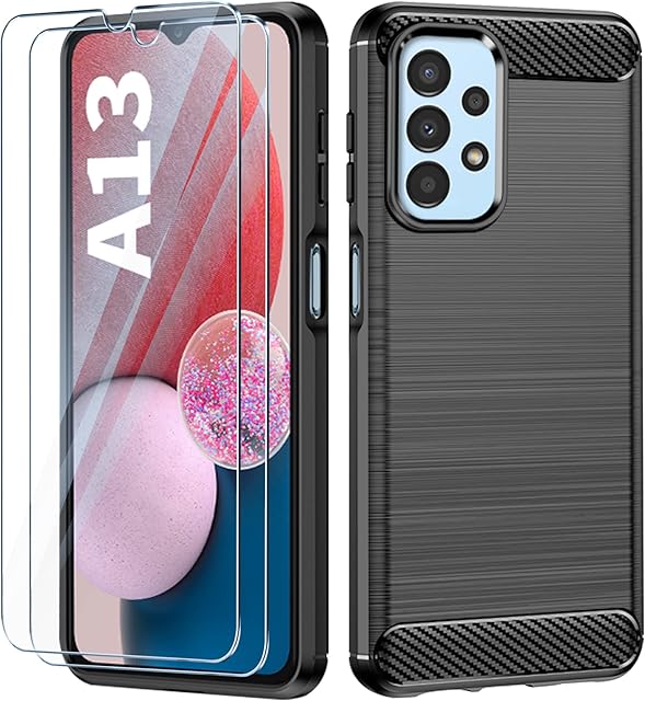 FLLAO Case for Samsung Galaxy A13 4G/5G with 2 Pieces Tempered Glass Screen Protector, Soft TPU Silicone Cover of Carbon Fiber Texture, Slim Anti-Shock Shell Samsung Galaxy A13 Case (Black)