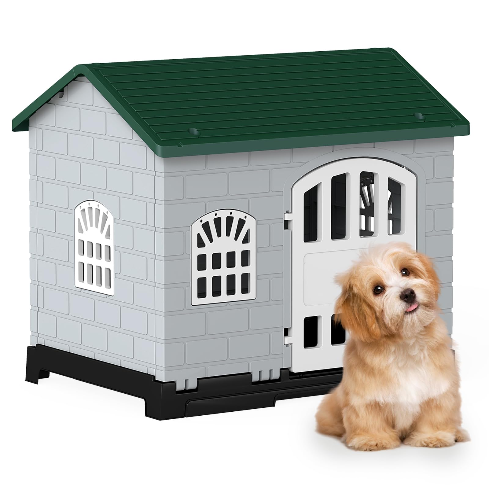 COSTWAY Plastic Dog House, Indoor Outdoor Pet Shelter with Slanted Roof, Removable Toilet Tray, Lockable Door & 3 Windows, Weather-Resistant Puppy Kennel for Small Dogs Cats Rabbits (Green+Grey)