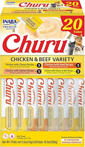 INABA Churu - Golosinas para gatos, puré cremoso exprimible sin granos, para lamer y exprimir, con vitamina E y taurina, 0.5 onzas cada tubo, 20