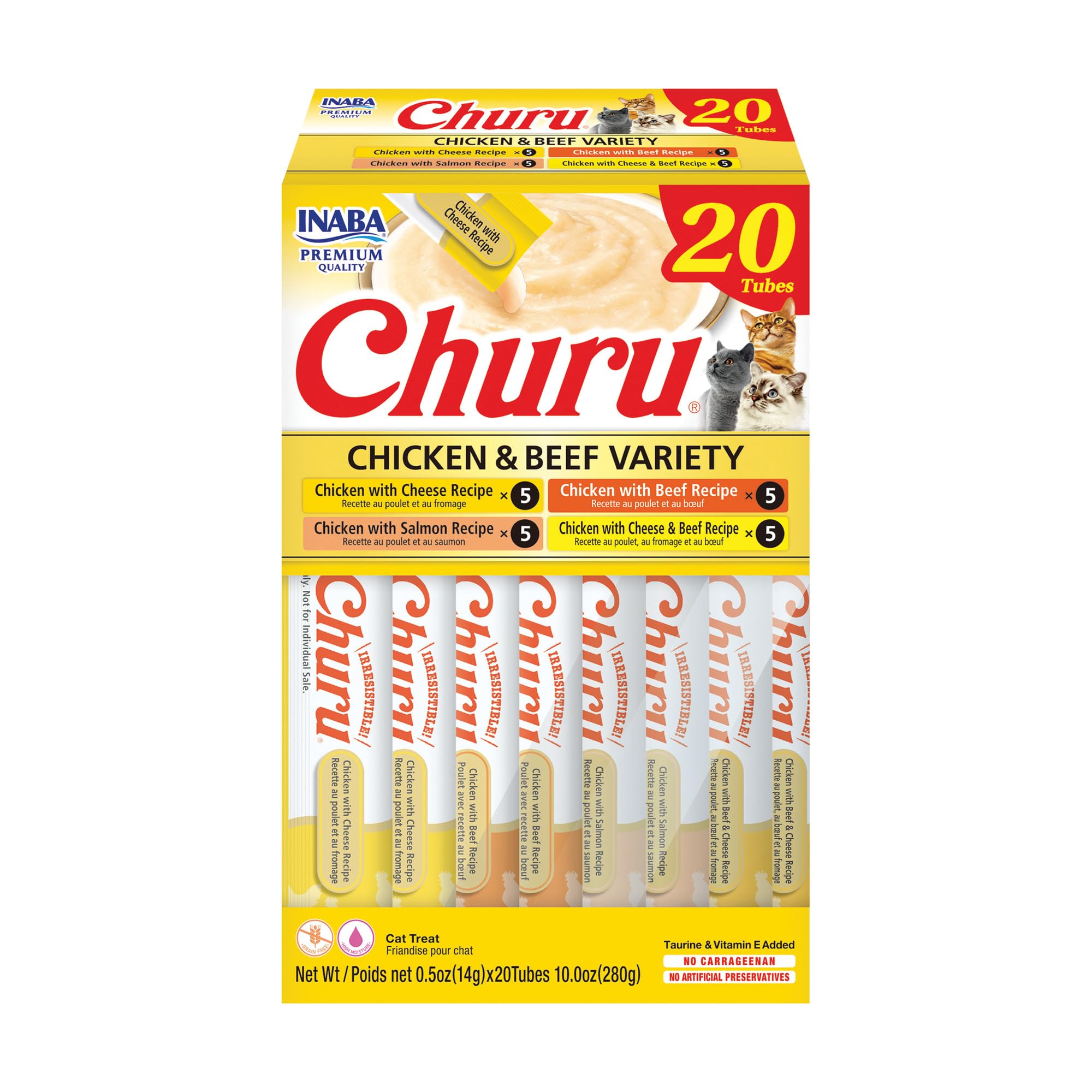 INABA Churu Cat Treats, Lickable, Squeezable Creamy Purée Cat Treat with Green Tea Extract &amp; Taurine, 0.5 Ounces Each Tube, 20 Tubes, Chicken &amp; Beef Variety Box
