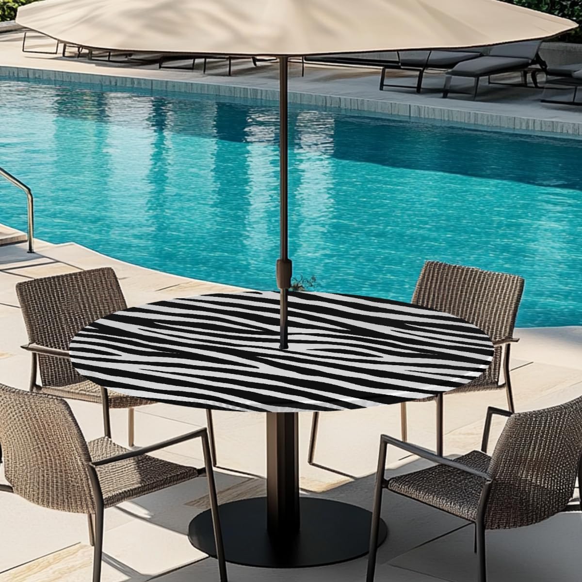 Animal Skin Zebra Round Outdoor Table Cloth with Umbrella Hole Zebra Black Outdoor Round Fitted Tablecloth with Elastic Edge Waterproof Circle Table Cover for Patio Garden Picnic (36-44 in)